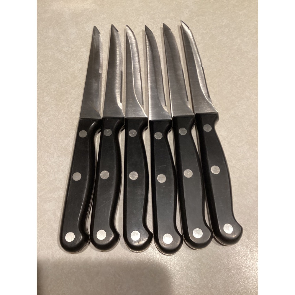 Calphalon 6 Piece Steak Knife Set Serrated Stainless Steel Triple Rivet Black - Picture 3 of 4